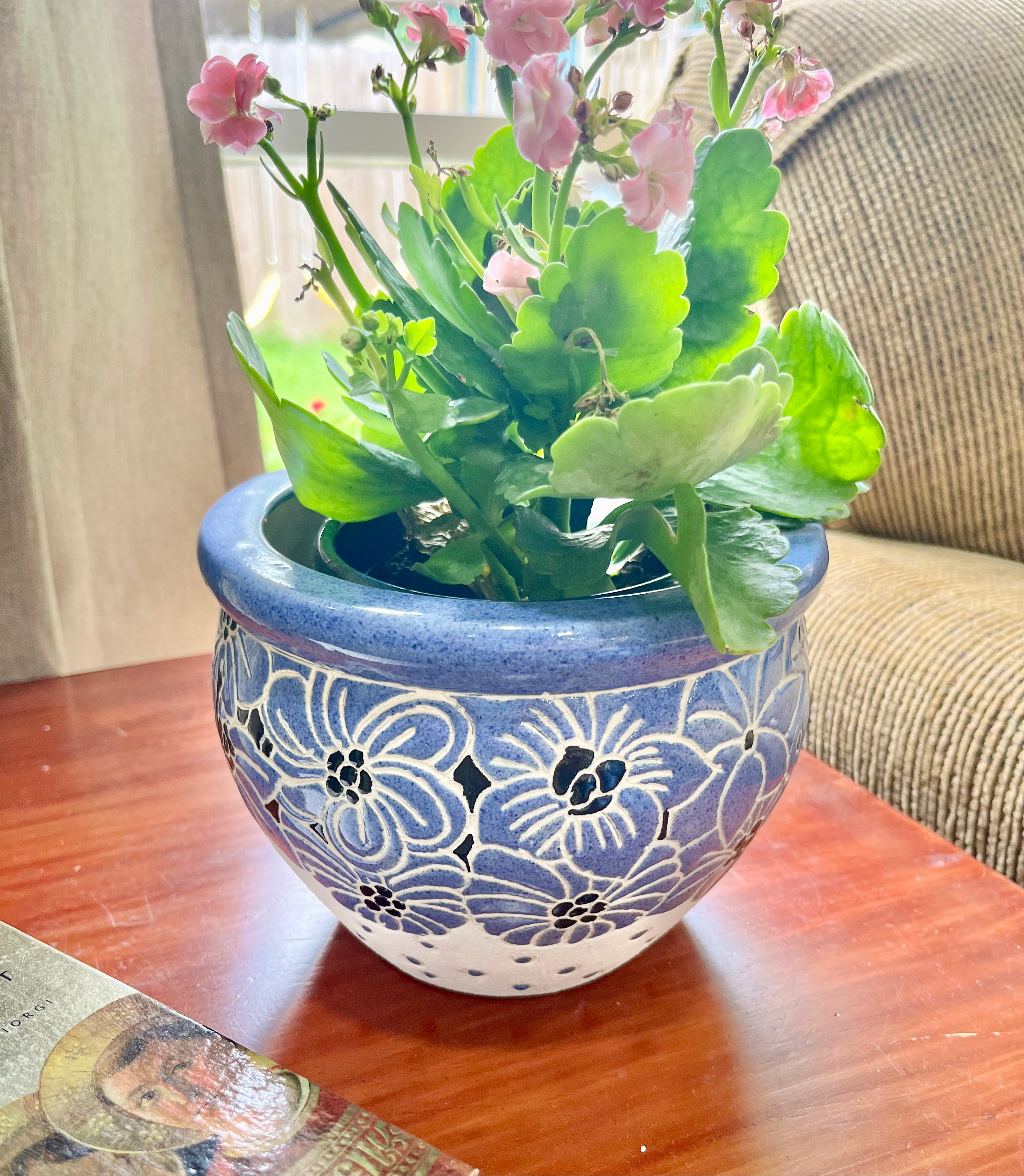 Hand-painted blue and white ceramic floral planter