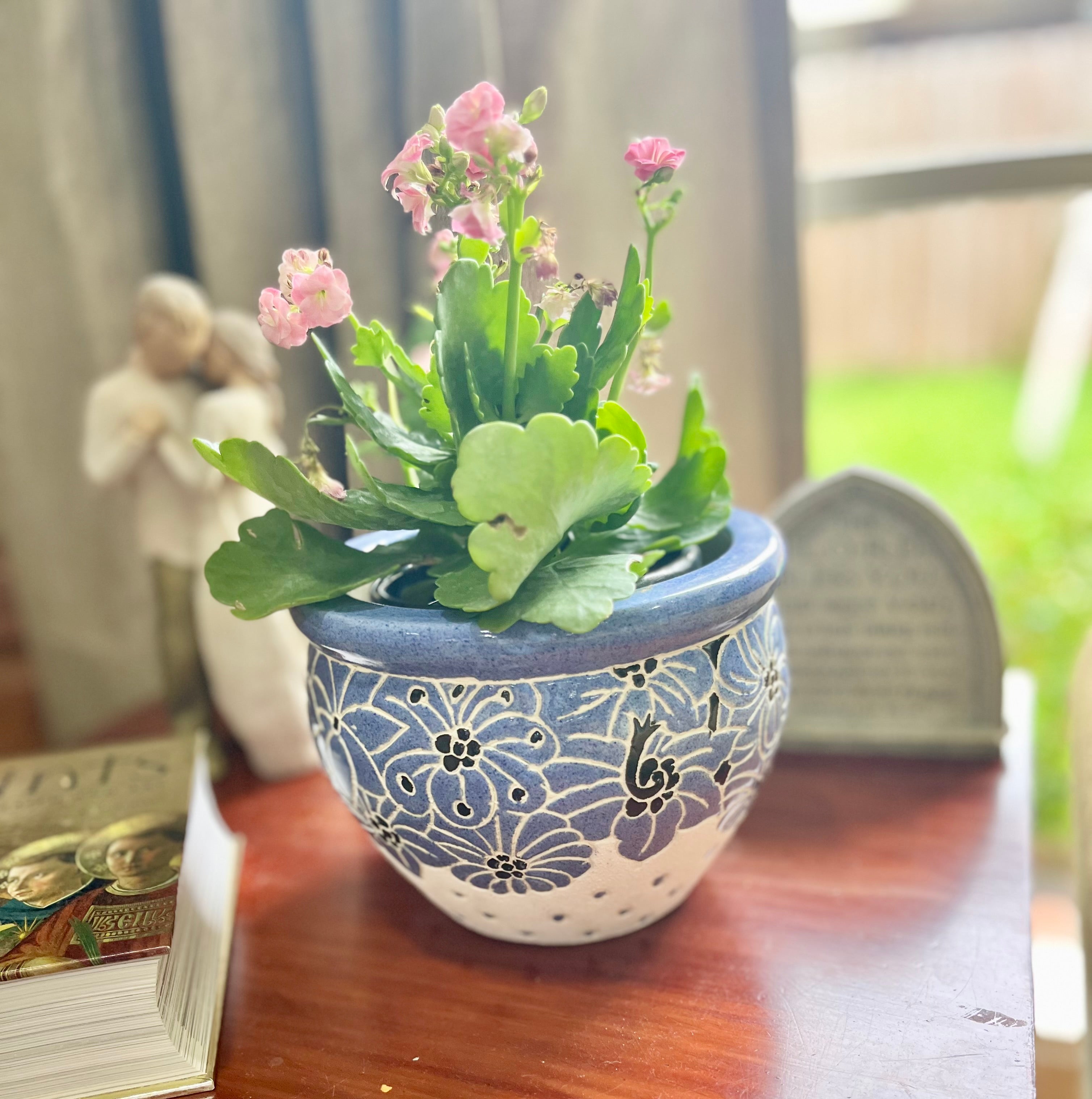 Hand-painted blue and white ceramic floral planter