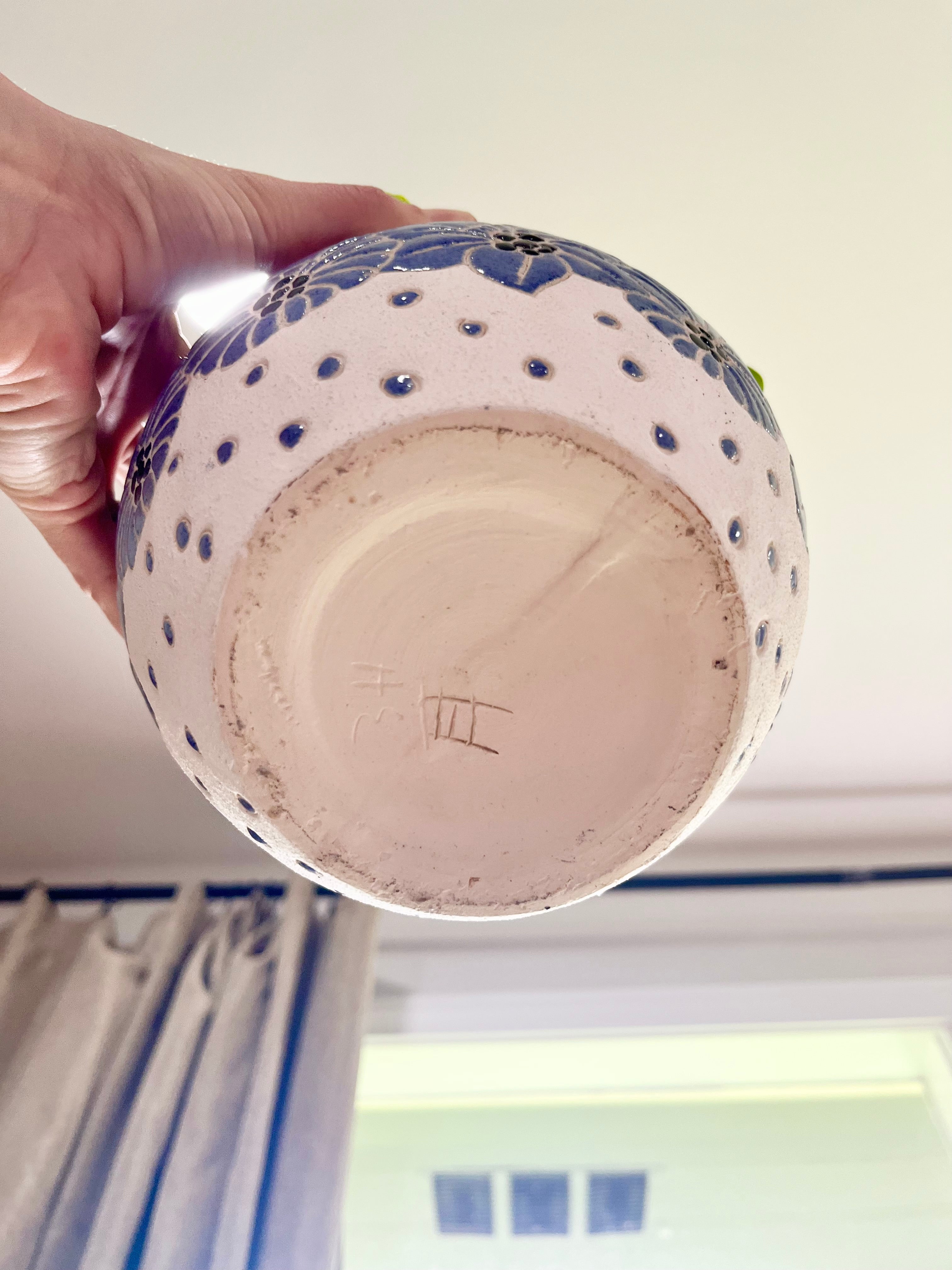 Hand-painted blue and white ceramic floral planter