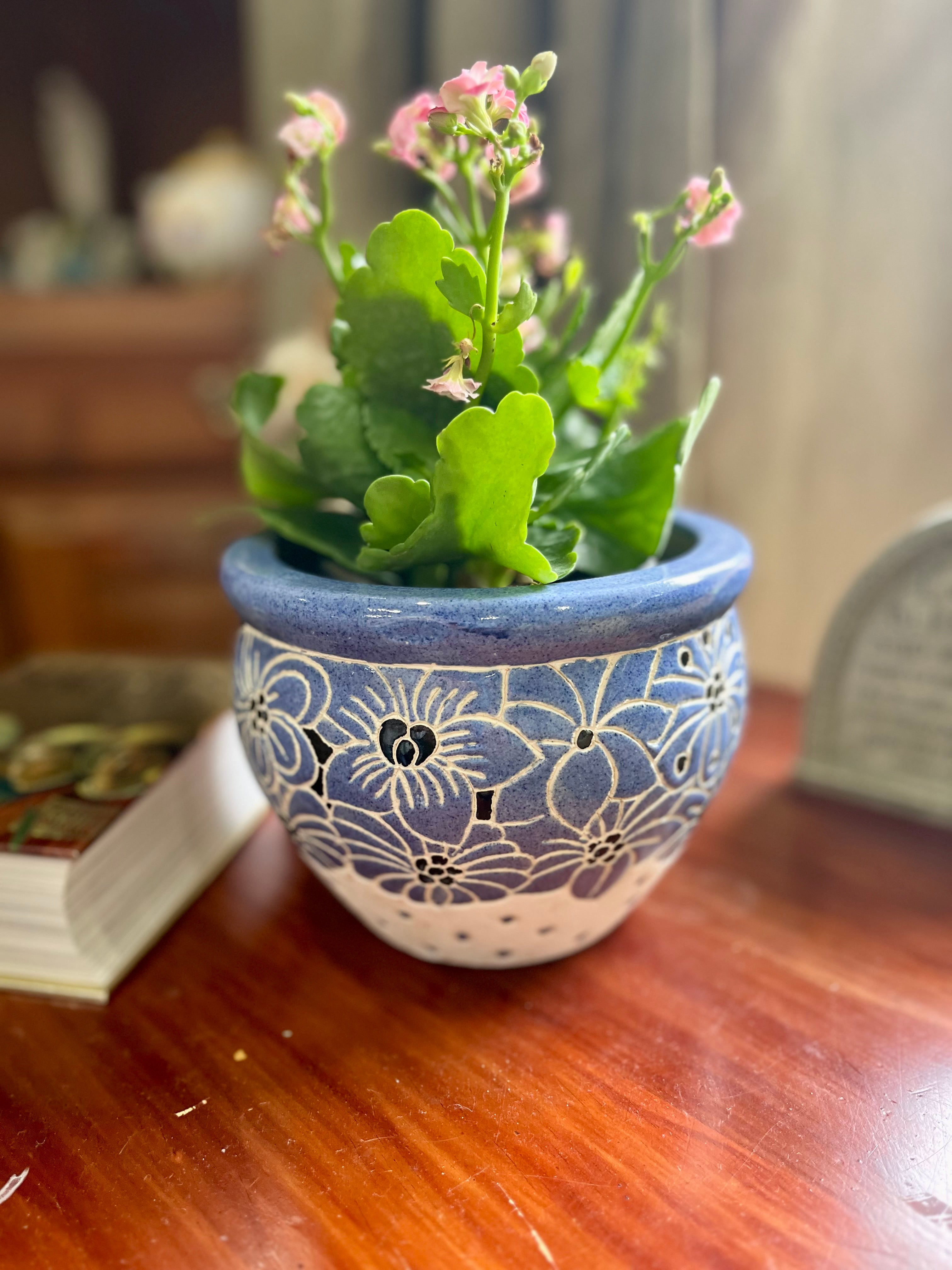 Hand-painted blue and white ceramic floral planter