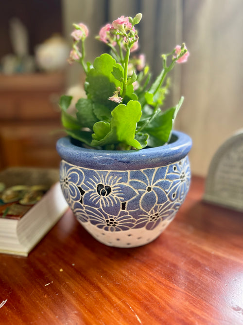 Hand-painted blue and white ceramic floral planter