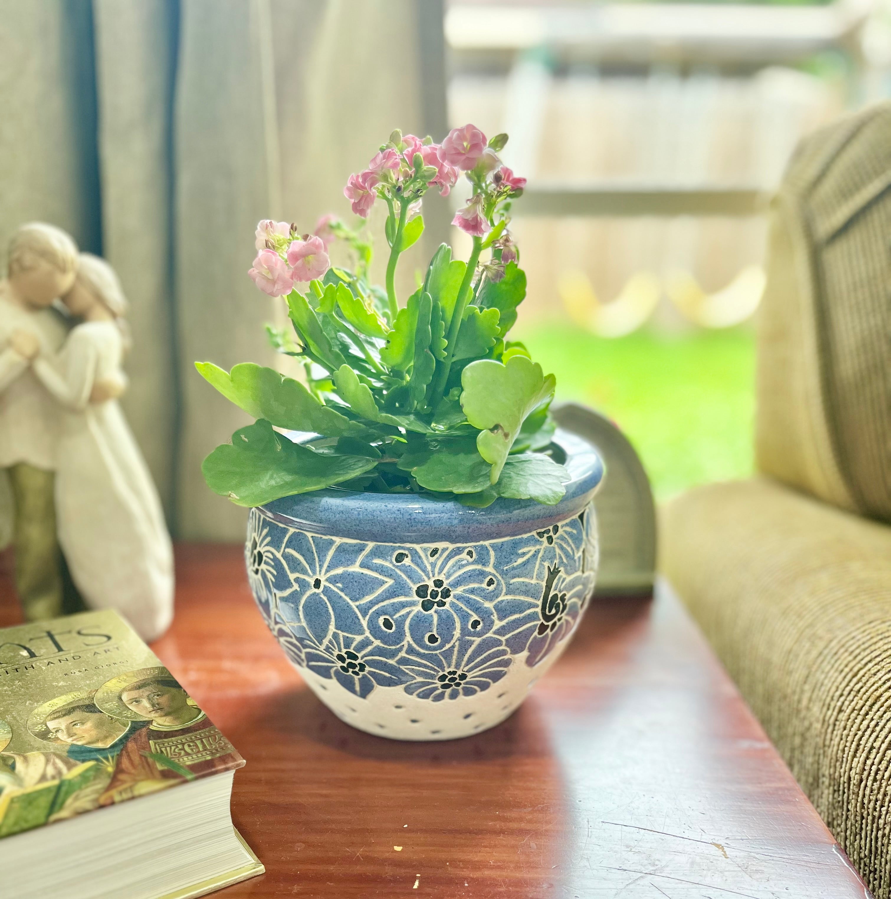 Hand-painted blue and white ceramic floral planter